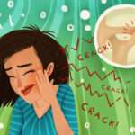 graphic illustration of woman with jaw clicking, TMJ, TMD, jaw pain