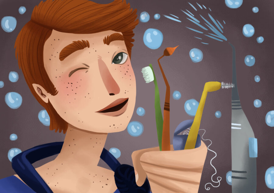 dental products, young man with a handful of oral hygiene tools